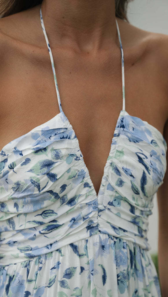 Halter Maxi Sundress for Women with Ruched V-Neck and Tiered Hem in Blue Floral, neckline close-up