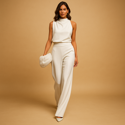 Women’s halter-neck jumpsuit with high waist, wide legs, bow detail, and pockets. Light breathable fabric, perfect for spring, summer, and autumn events.