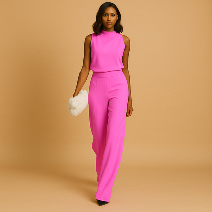 Women’s halter-neck jumpsuit with high waist, wide legs, bow detail, and pockets. Light breathable fabric, perfect for spring, summer, and autumn events.