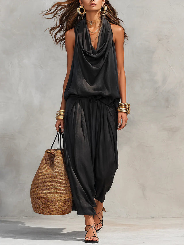 Halter Top and Harem Pants Set for Women with Cowl Neck and Drawstring in Black, front view
