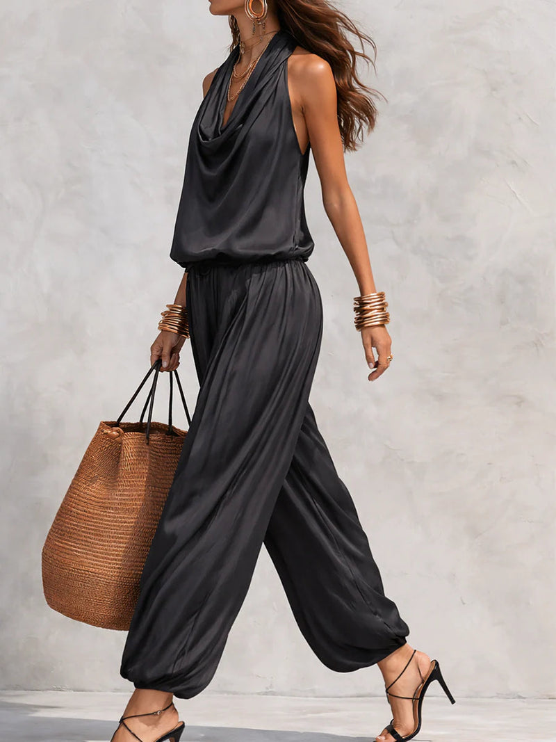 Halter Top and Harem Pants Set for Women with Cowl Neck and Drawstring in Black, side view