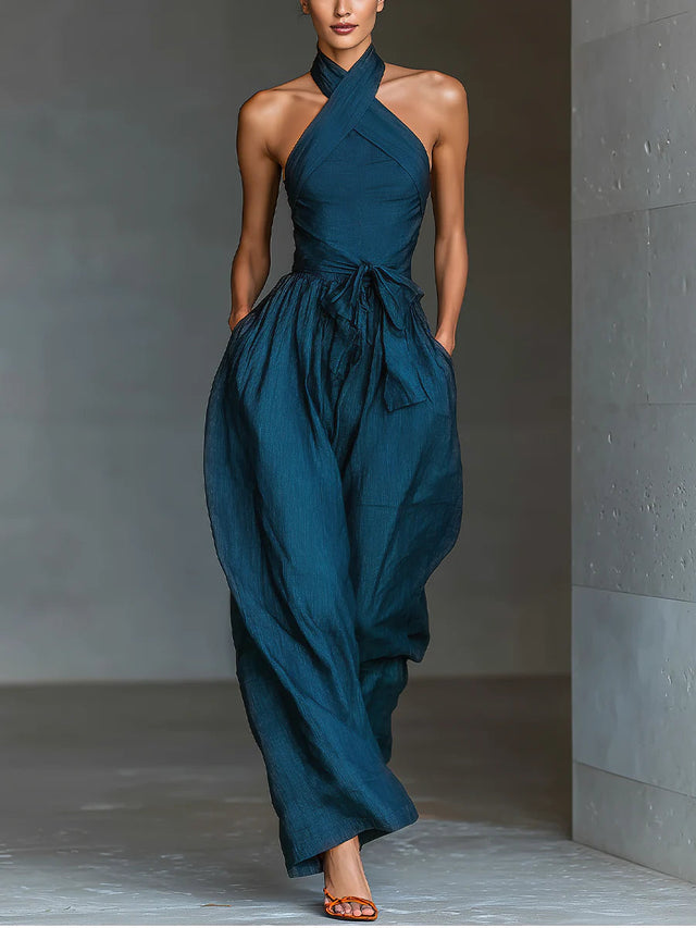 Halter Wide Leg Jumpsuit for Women with Cross Neck and Tie Waist in Teal, front view