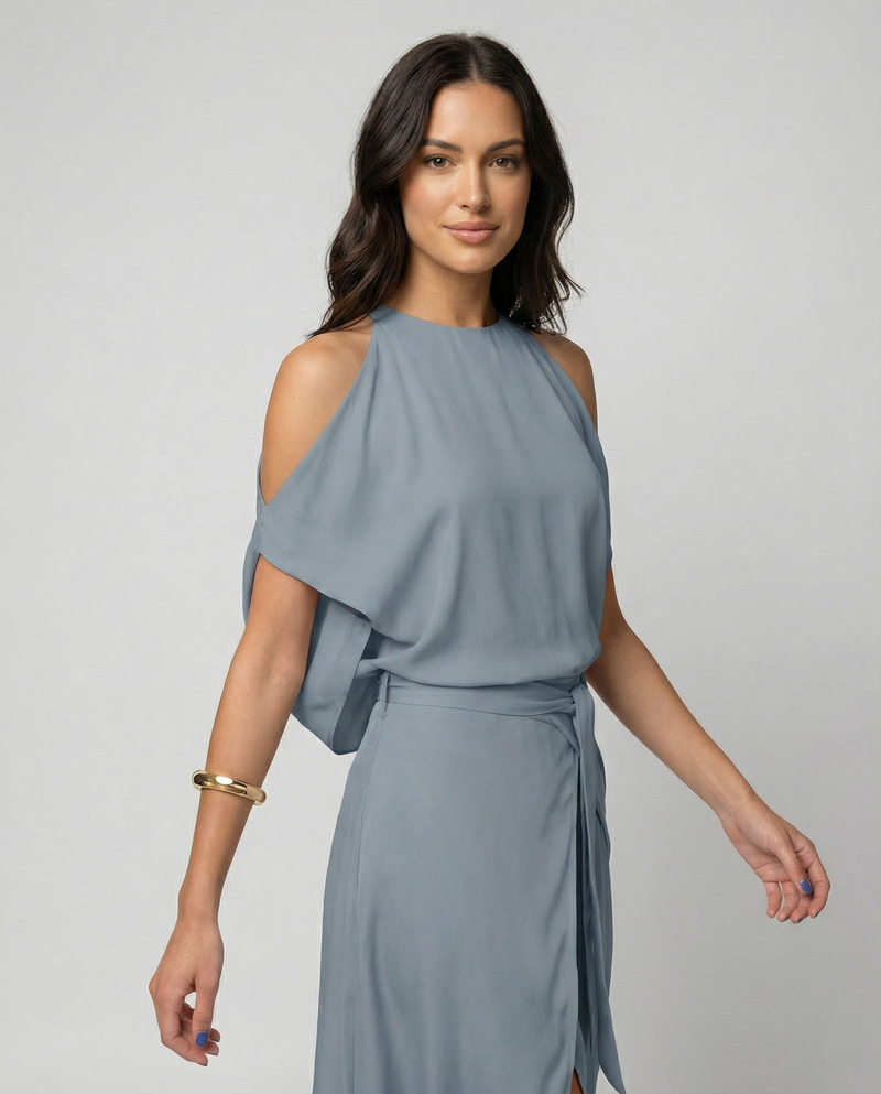 Midi Cocktail Dress for Women with Cold Shoulder Cut-Outs and Wrap Skirt, studio front view
