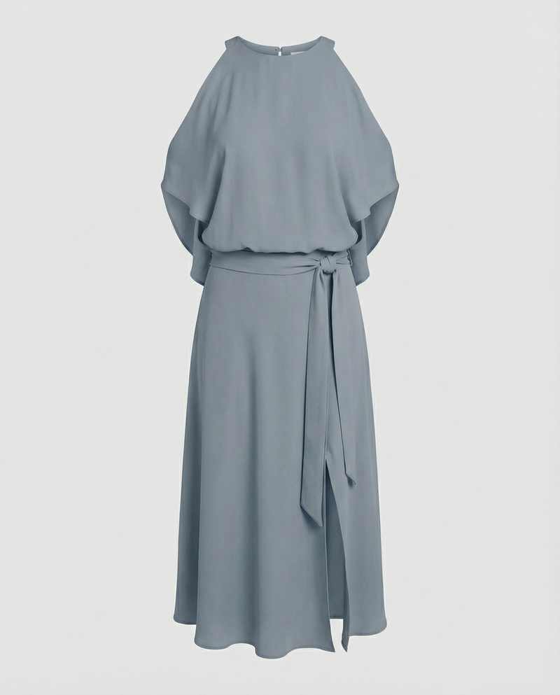 Midi Cocktail Dress for Women with Cold Shoulder Cut-Outs and Wrap Skirt, studio back view