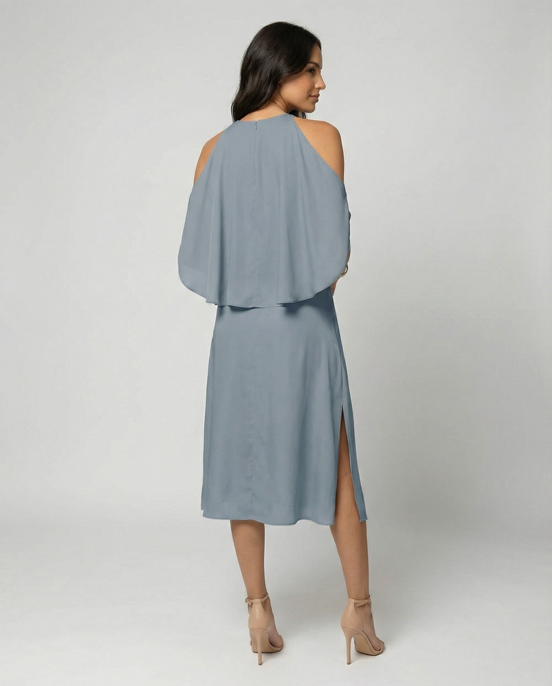 Midi Cocktail Dress for Women with Cold Shoulder Cut-Outs and Wrap Skirt, studio side view