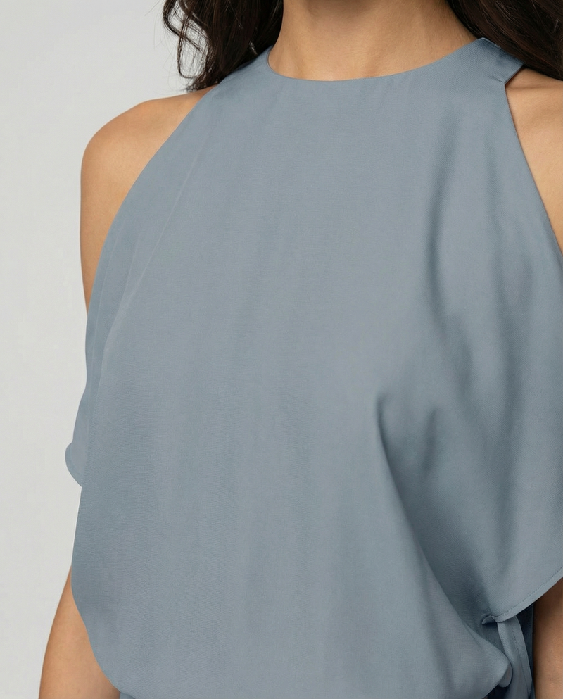 Midi Cocktail Dress for Women with Cold Shoulder Cut-Outs and Wrap Skirt, detail view