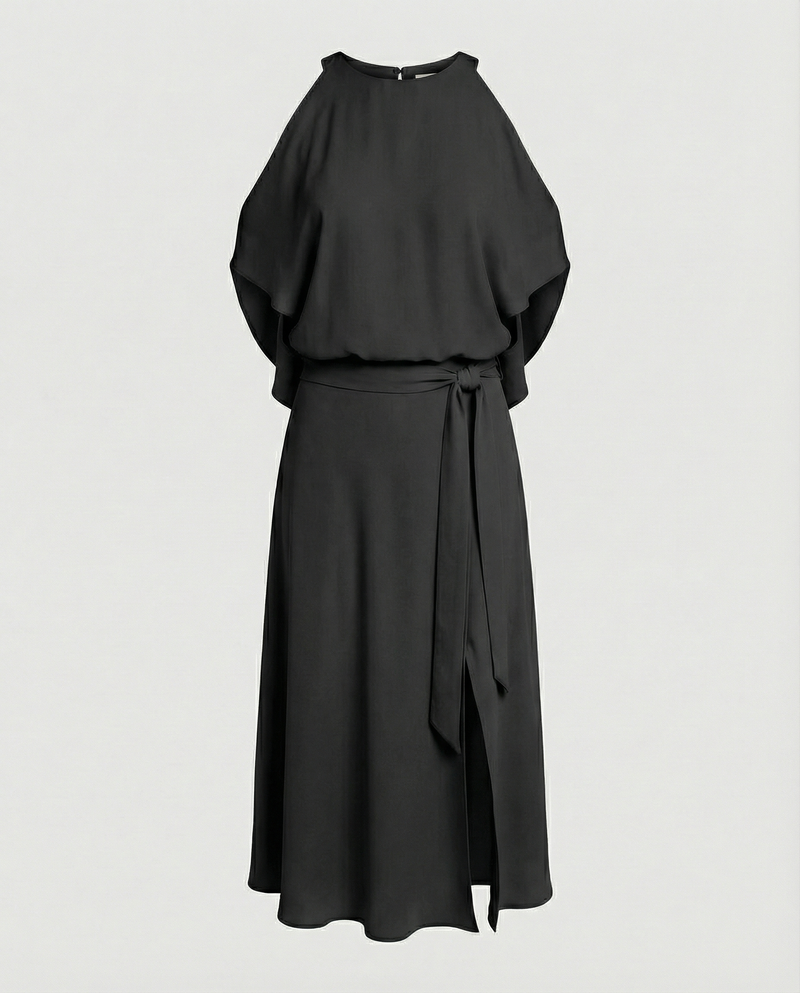 Midi Cocktail Dress for Women with Cold Shoulder Cut-Outs and Wrap Skirt in Black, studio front view