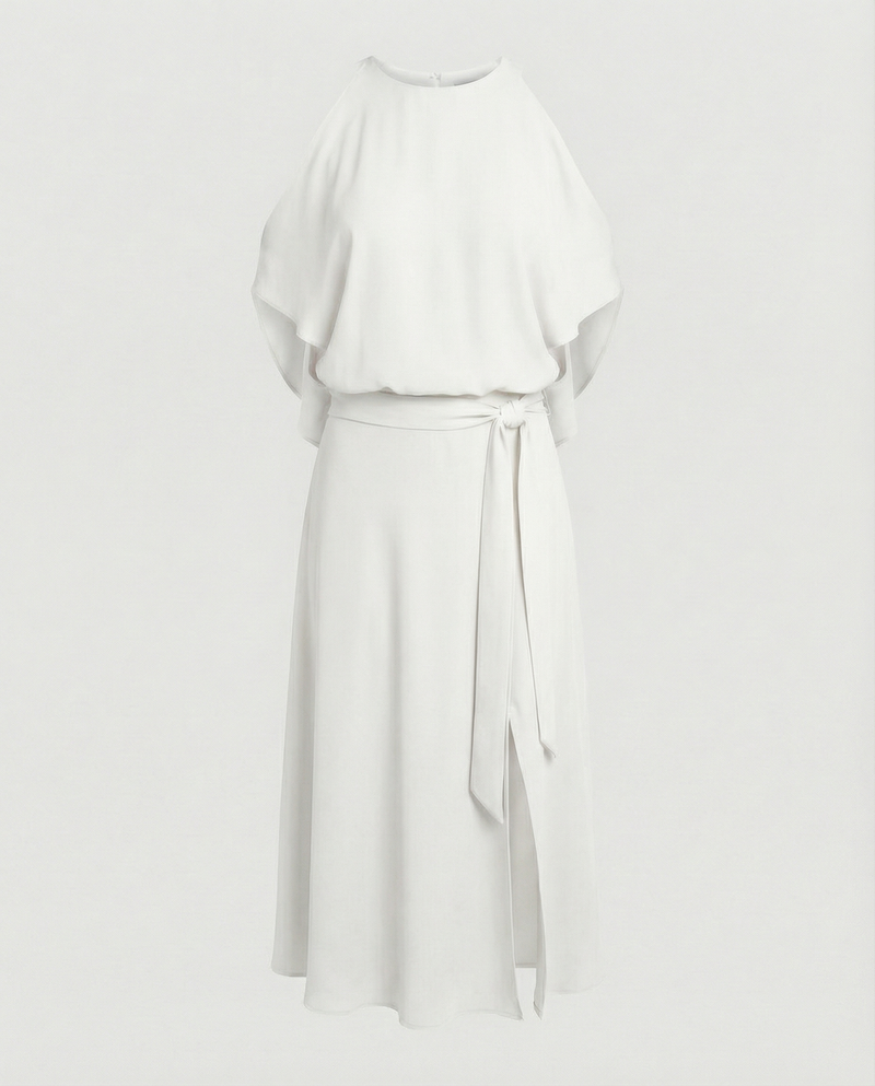 Midi Cocktail Dress for Women with Cold Shoulder Cut-Outs and Wrap Skirt in White, studio front view