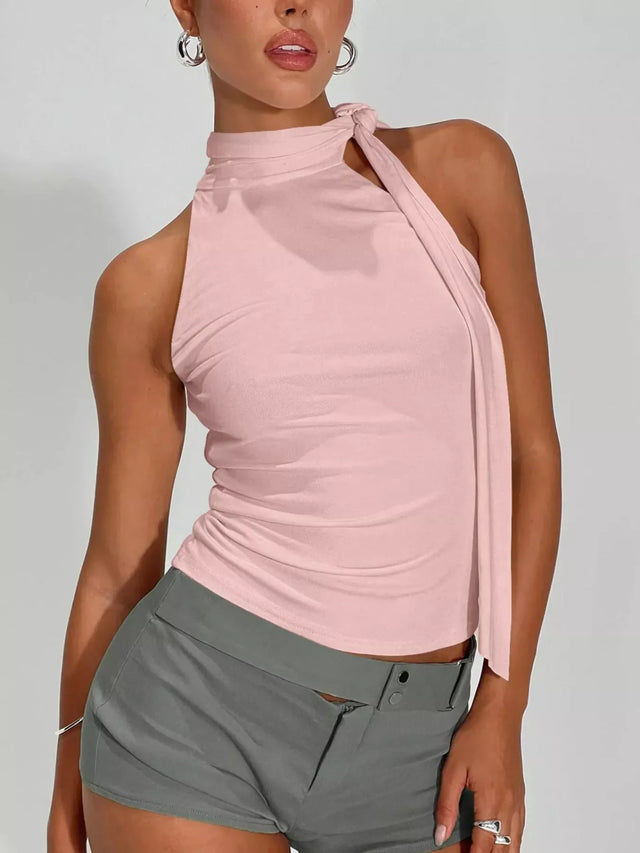 High Neck Halter Top for Women with Scarf Tie and Open Back in Dusty Pink, front view