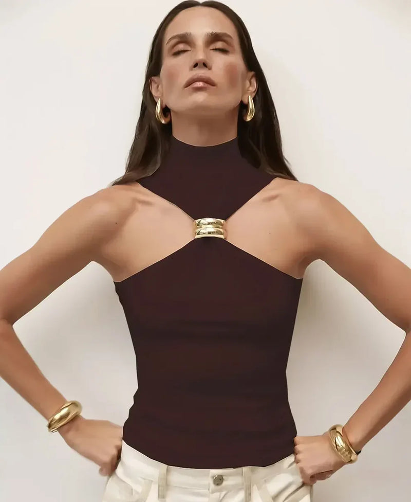High Neck Halter Top for Women with Gold-Tone Ring and Fitted Cut in Brown, front view