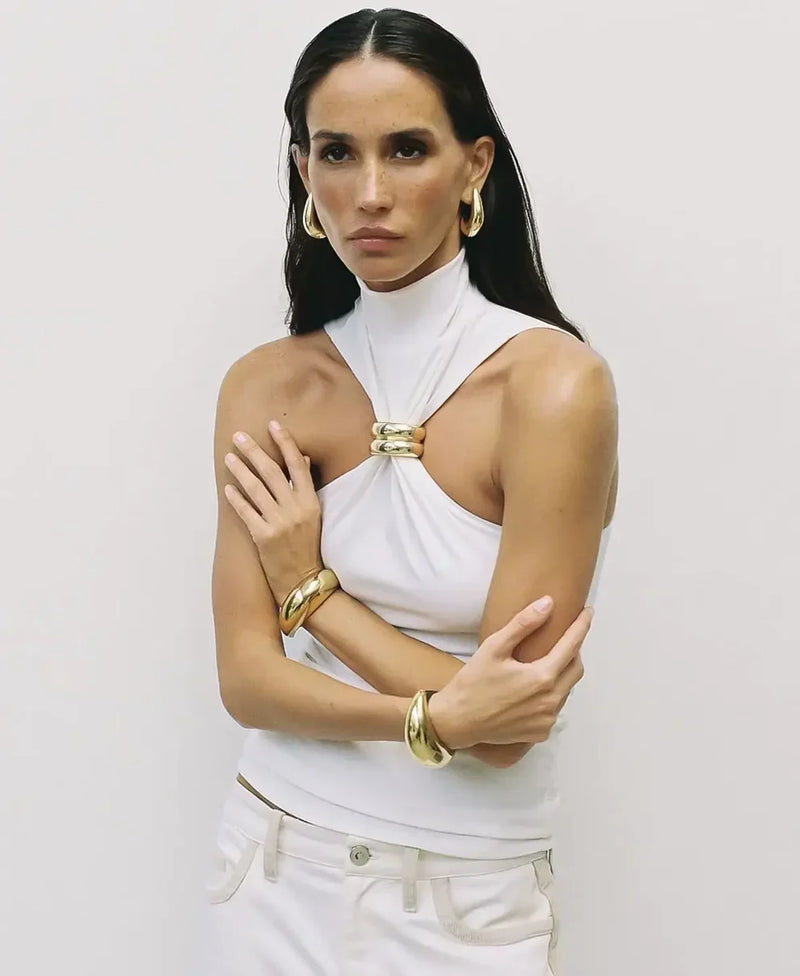 High Neck Halter Top for Women with Gold-Tone Ring and Fitted Cut in White, front view 3
