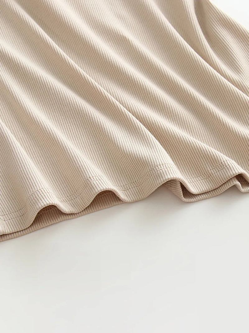 High Neck Ribbed Tank Top for Women with Built-In Chest Pads in Beige, hem detail