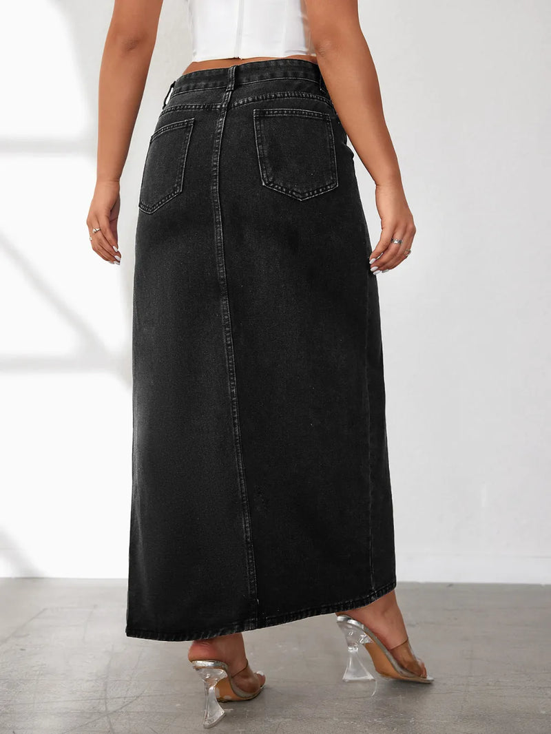High Slit Denim Maxi Skirt for Women with High Rise and Five Pockets in Black, back view