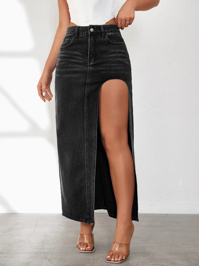 High Slit Denim Maxi Skirt for Women with High Rise and Five Pockets in Black, front view