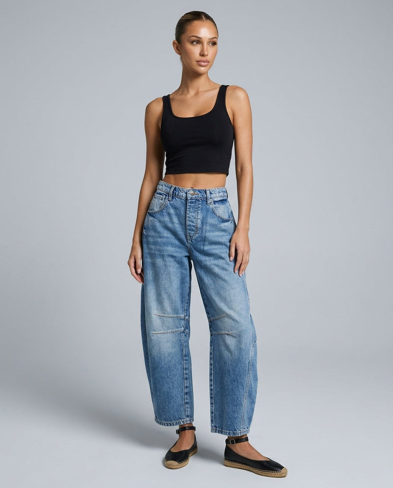 High Waist Barrel Jeans for Women with Curved Wide Leg and Knee Seams in Blue, front view