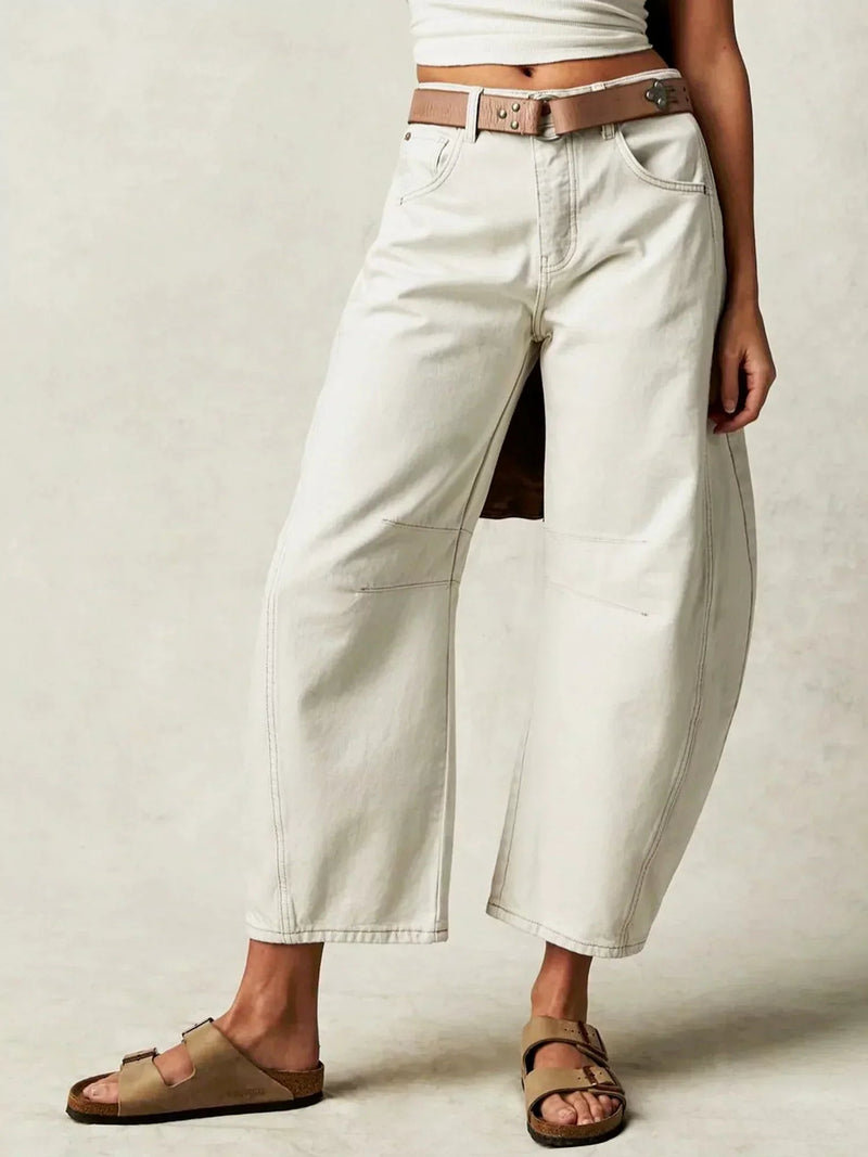 High Waist Barrel Jeans for Women with Curved Wide Leg and Knee Seams in White, cropped front view