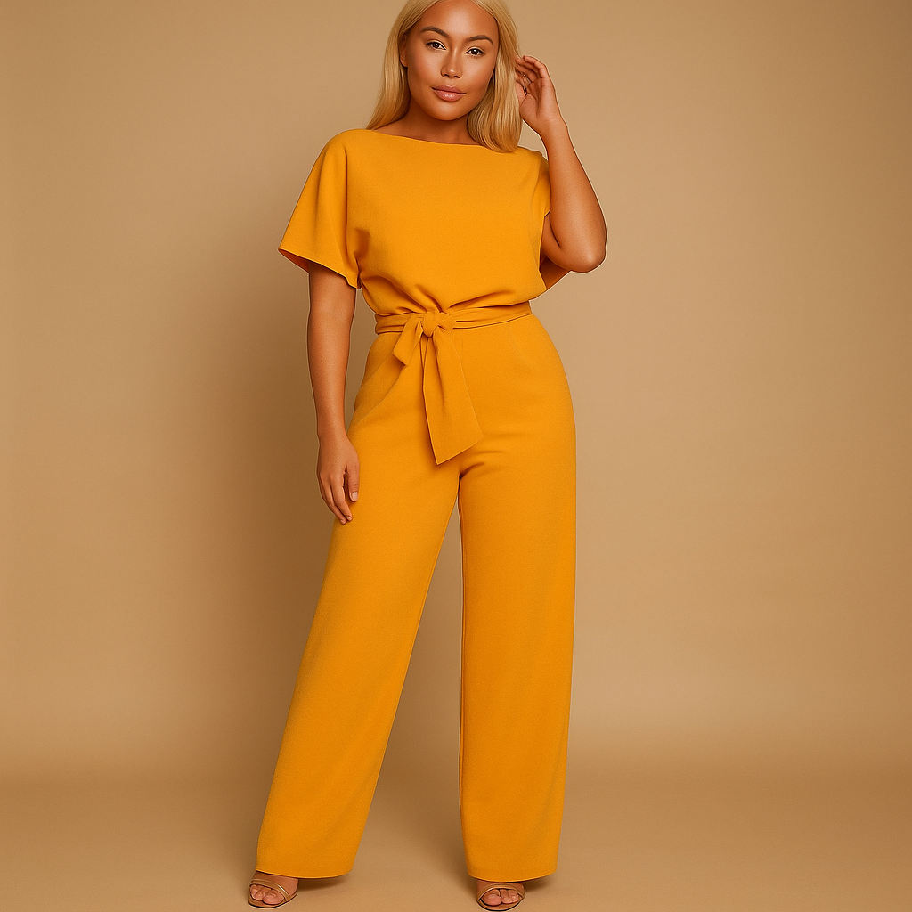 Women’s high-waist jumpsuit with lace-up detail, tailored fit, and soft draping fabric. Perfect for work, events, and casual-chic outfits.