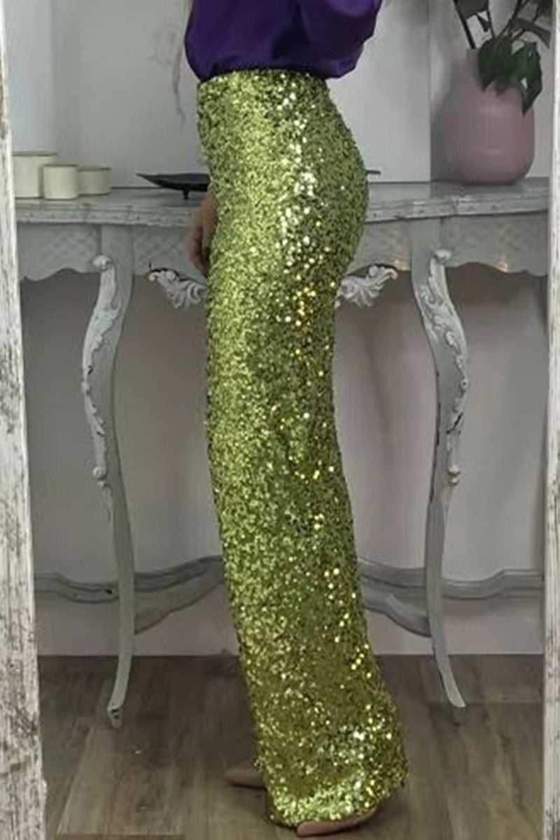 Sequin Straight Leg Pants for Women with High Waist and Full Length Cut in Green, side view