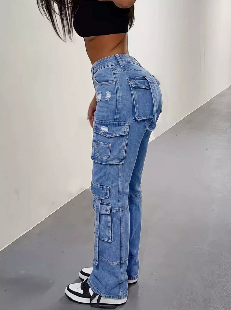 High Waisted Cargo Jeans for Women with Distressed Detail and Flap Pockets in Blue, side view
