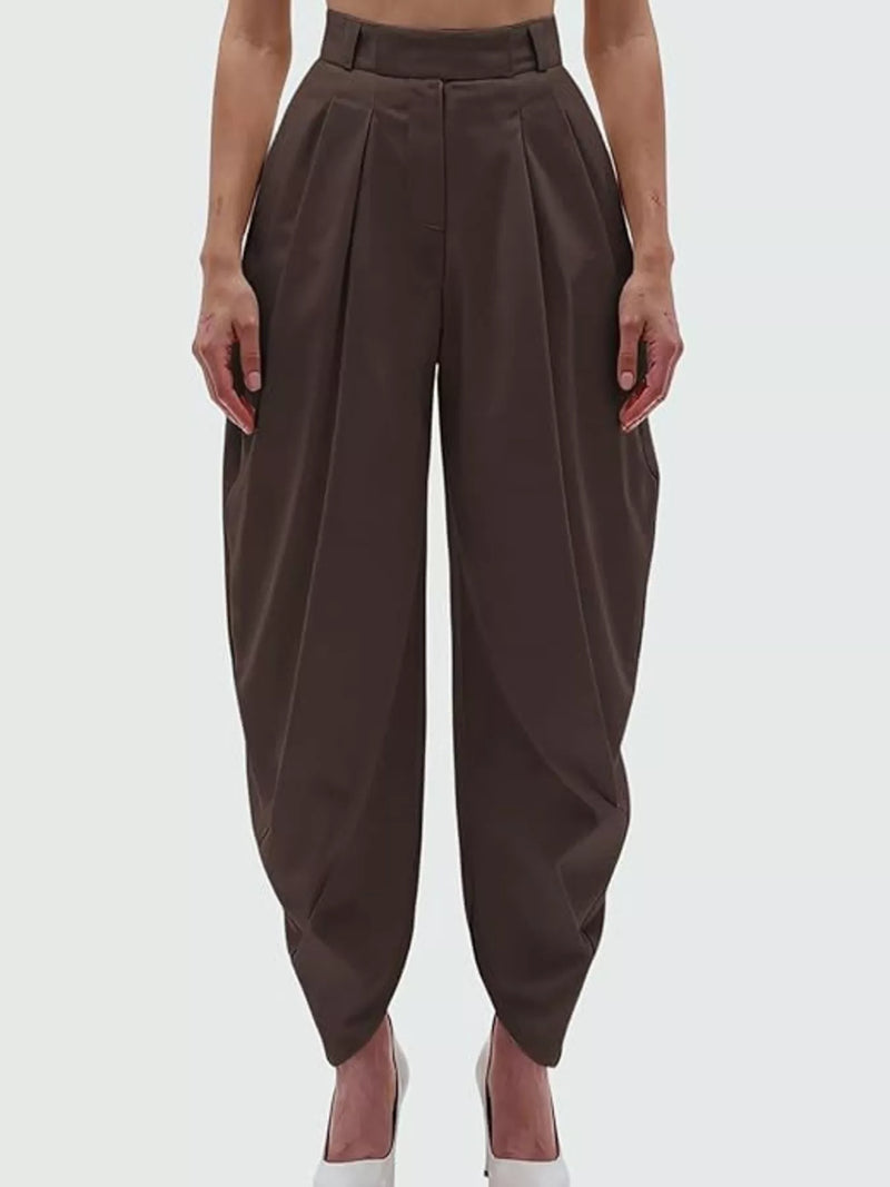 Pleated Harem Pants for Women with High Waist and Draped Tulip Hem in Brown, studio front view