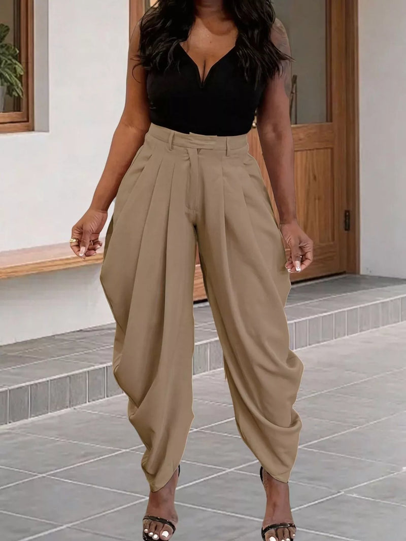 Pleated Harem Pants for Women with High Waist and Draped Tulip Hem in Khaki, styled front view