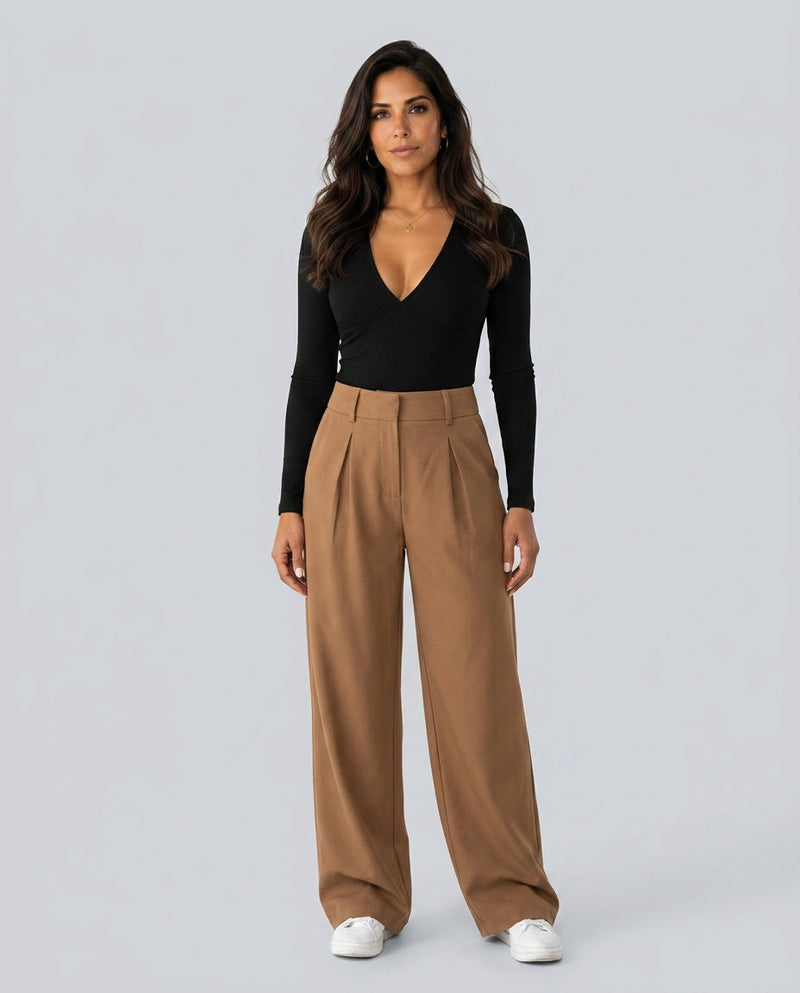 High Waisted Wide Leg Trousers for Women with Front Pleats and Side Pockets in Camel, front view