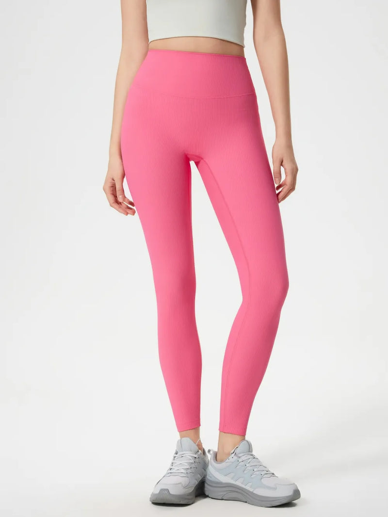 High Waisted Gym Leggings for Women with Scrunch Bum and Ribbed Texture in Pink, studio front view