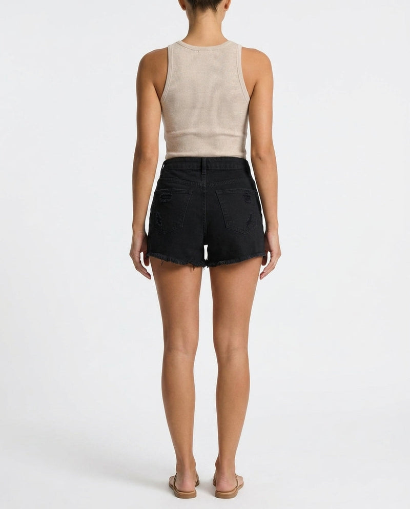 High Waisted Jean Shorts for Women with Ripped Front and Frayed Hem in Black, back view