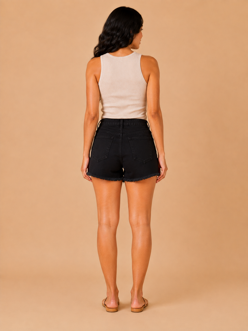 High Waisted Jean Shorts for Women with Ripped Front and Frayed Hem in Black, back view 2