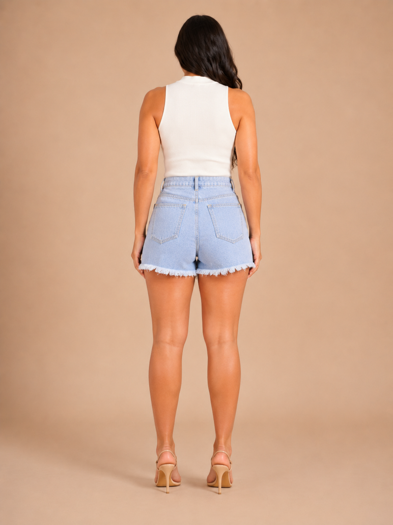 High Waisted Jean Shorts for Women with Ripped Front and Frayed Hem in Blue, back view 2