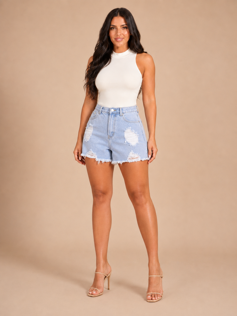 High Waisted Jean Shorts for Women with Ripped Front and Frayed Hem in Blue, front view 2