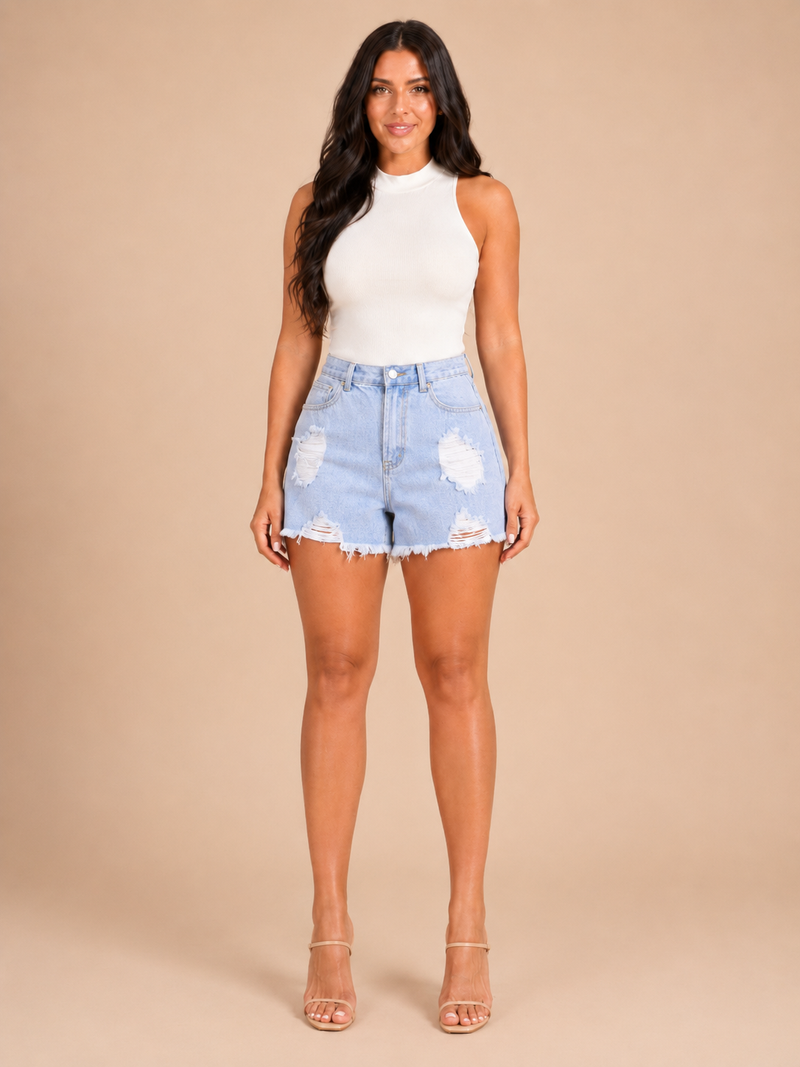 High Waisted Jean Shorts for Women with Ripped Front and Frayed Hem in Blue, front view 3