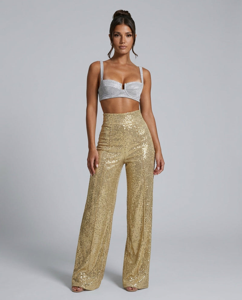 High Waisted Sequin Pants for Women with Wide Leg and Zip Closure in Gold, front view