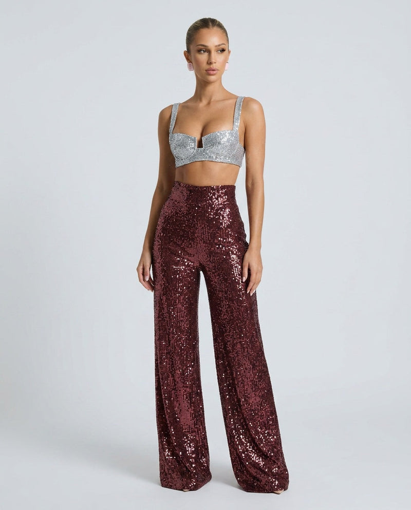 High Waisted Sequin Pants for Women with Wide Leg and Zip Closure in Wine Red, front view