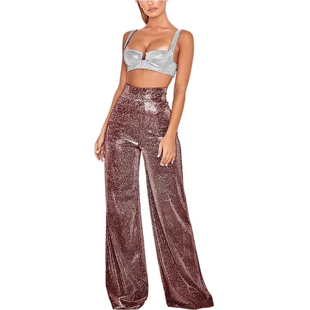 High Waisted Sequin Pants for Women with Wide Leg and Zip Closure in Wine Red, front view 3