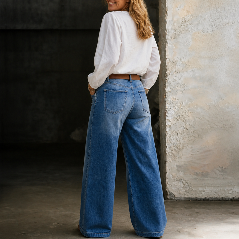 High Waisted Wide Leg Jeans for Women with Light Vintage Wash in Blue, back view