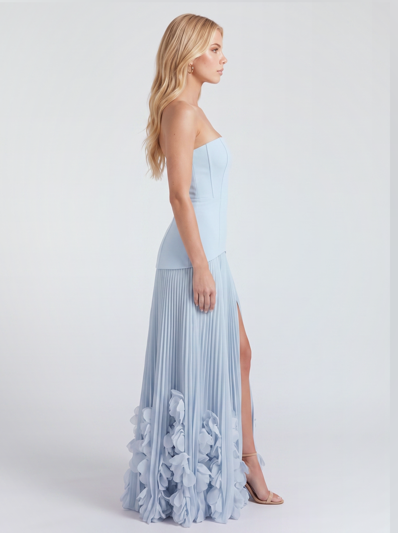 Strapless Maxi Dress for Women with Pleated Skirt and Front Slit, studio side view