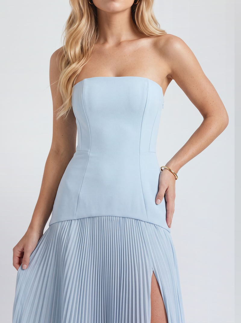 Strapless Maxi Dress for Women with Pleated Skirt and Front Slit, fabric close-up