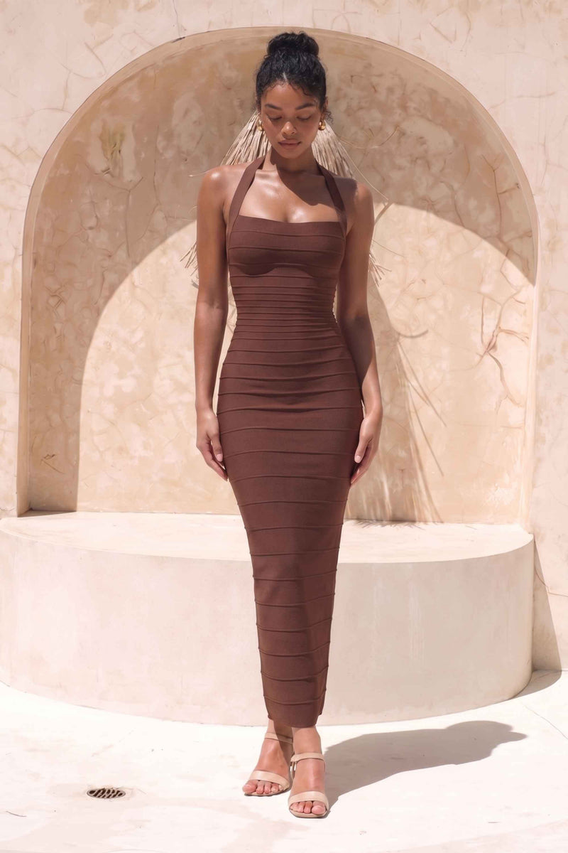 Brown Maxi Dress for Women with Halter Neck and Bandage Fit, studio back view