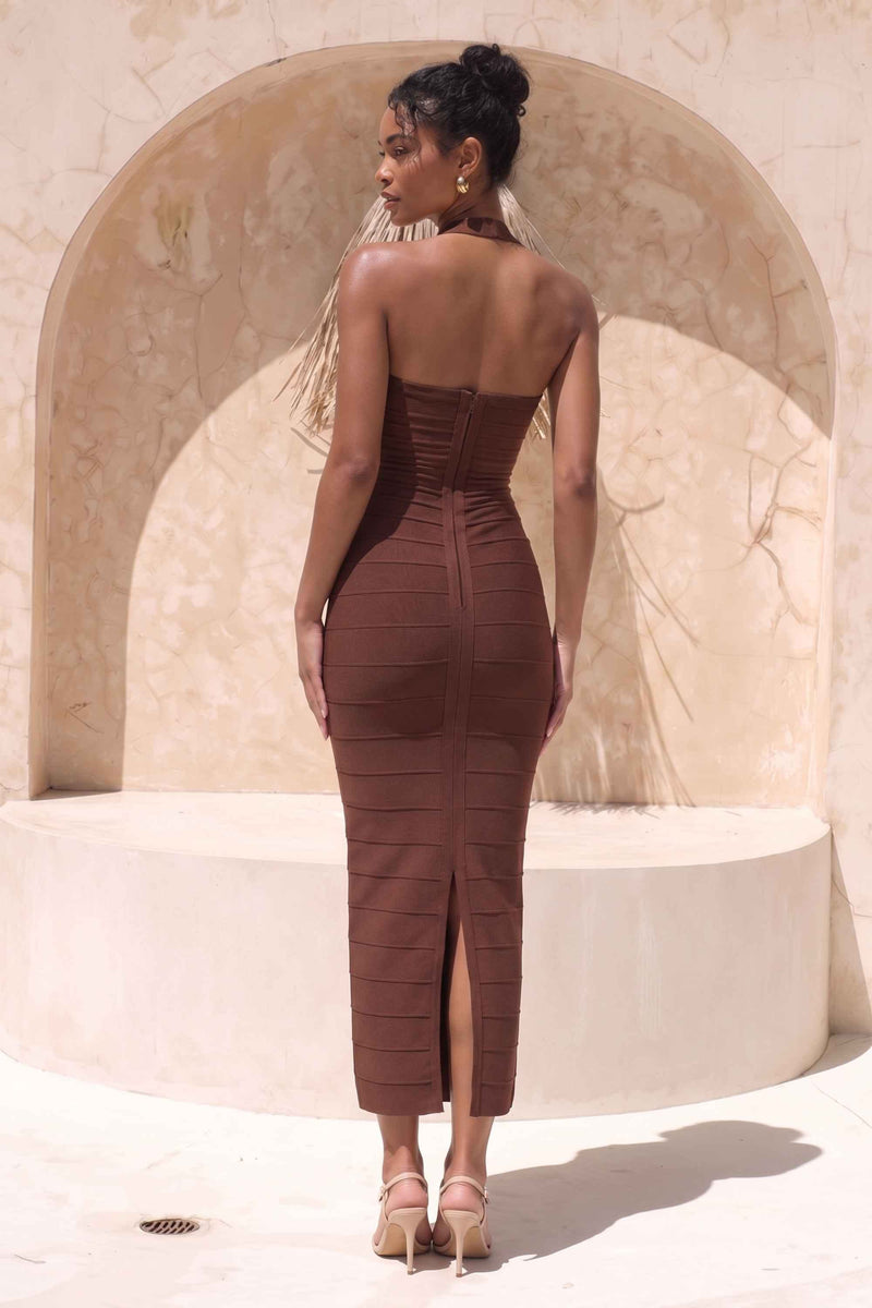 Brown Maxi Dress for Women with Halter Neck and Bandage Fit, studio front view
