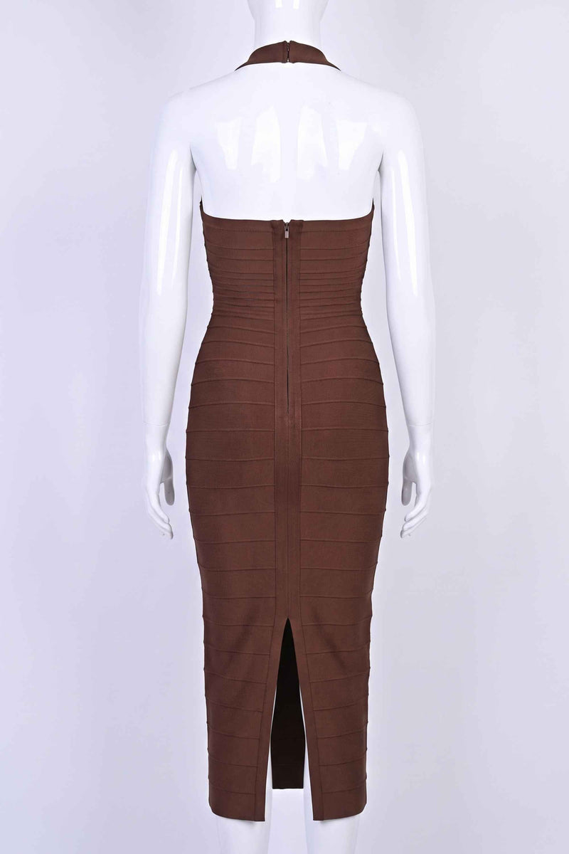 Brown Maxi Dress for Women with Halter Neck and Bandage Fit, fabric close-up