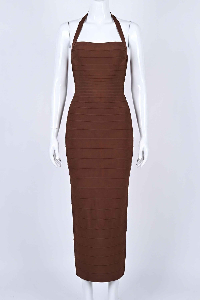 Brown Maxi Dress for Women with Halter Neck and Bandage Fit, detail view