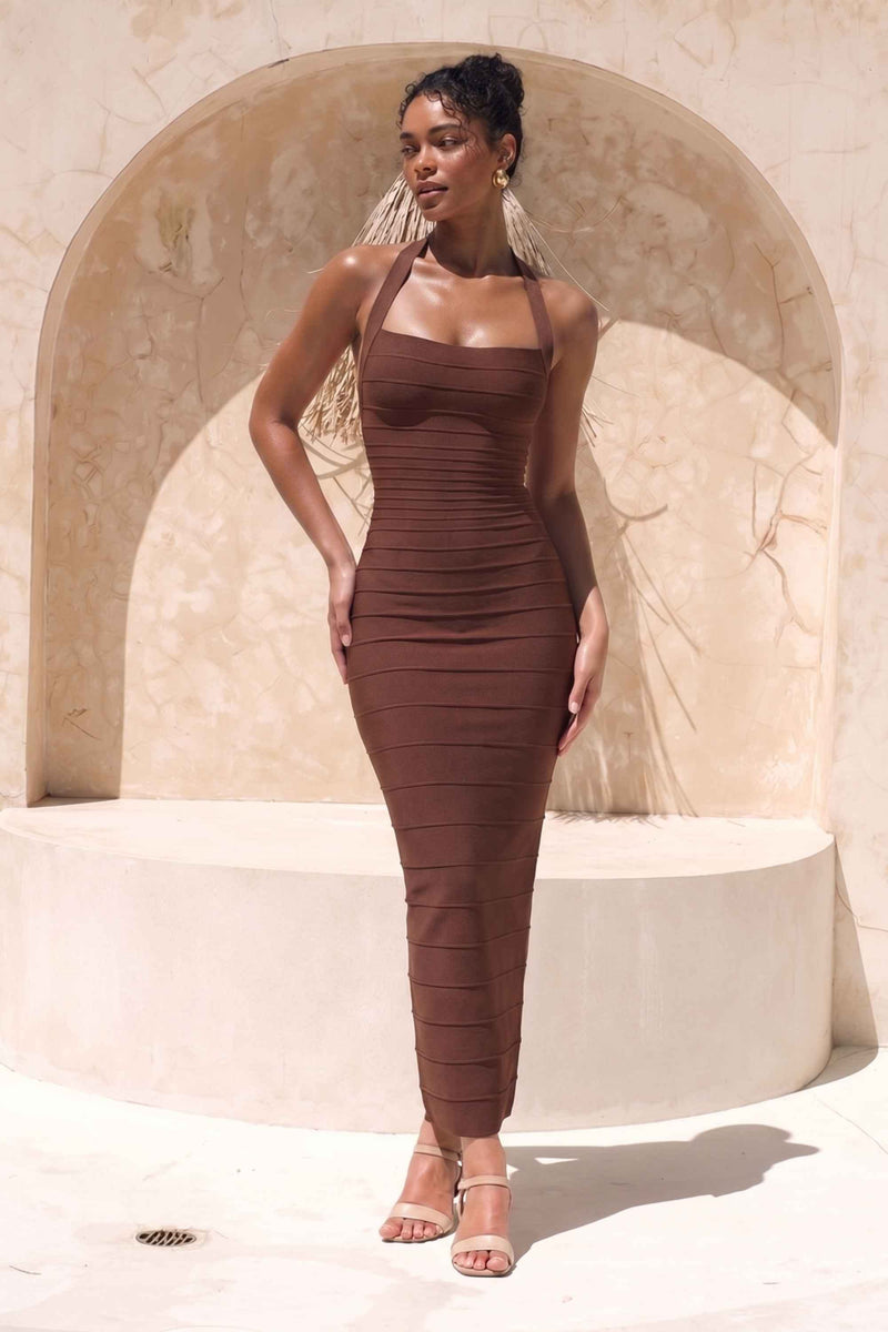 Brown Maxi Dress for Women with Halter Neck and Bandage Fit, studio side view