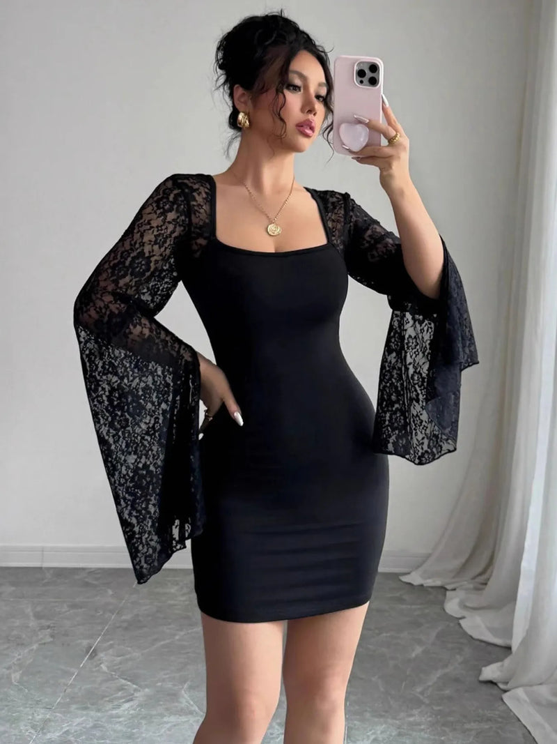 Lace Bell Sleeve Bodycon Mini Dress for Women with Square Neck in Black, front view