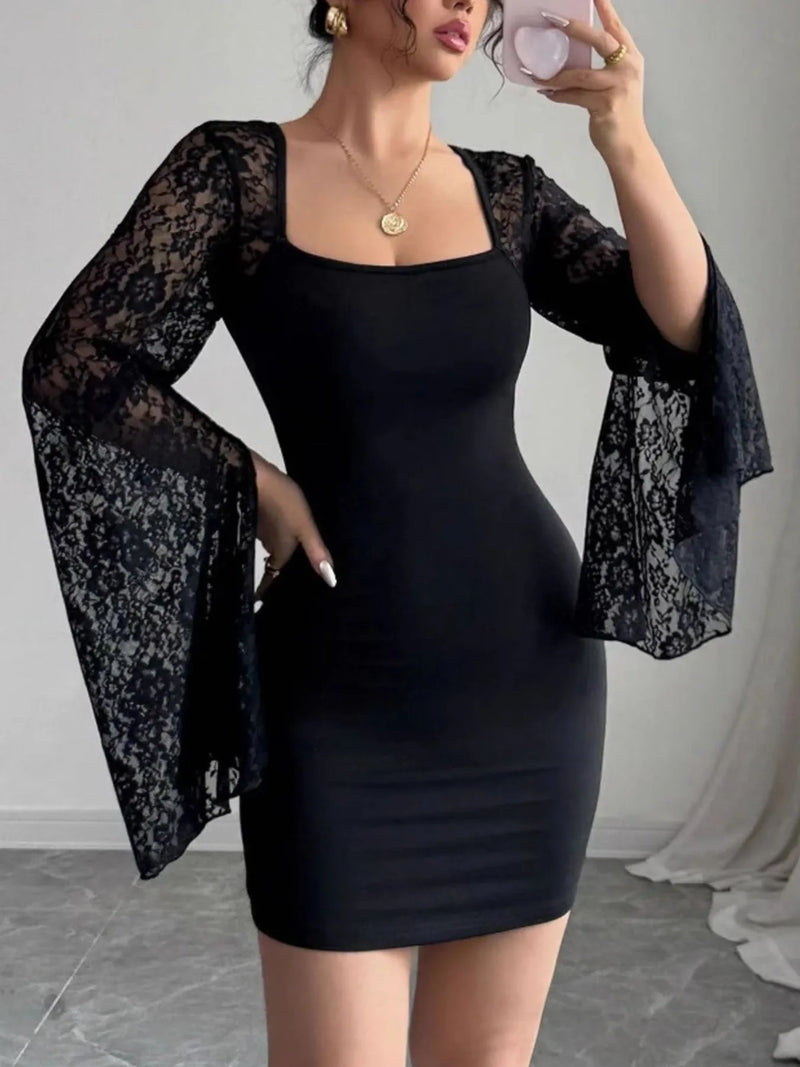 Lace Bell Sleeve Bodycon Mini Dress for Women with Square Neck in Black, mirror selfie view 2