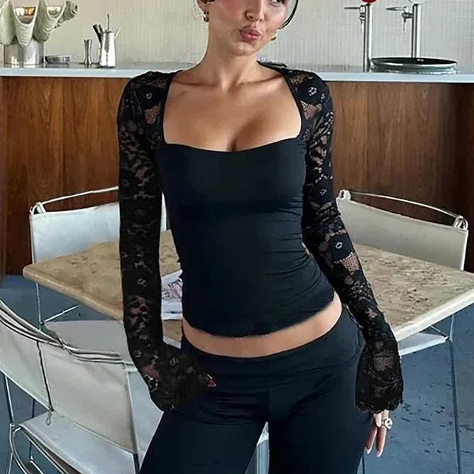 Lace Long Sleeve Top for Women with Square Neck and Bell Sleeves in Black, styled view