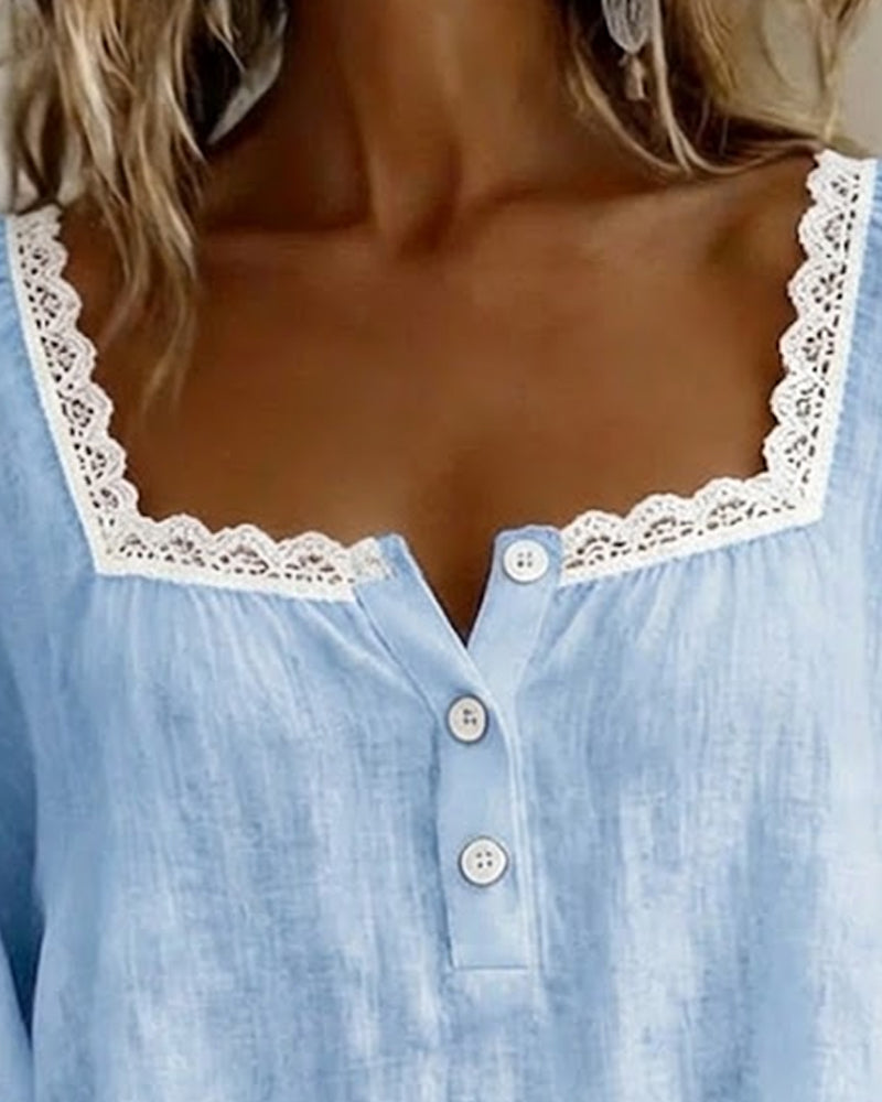 Peasant Blouse for Women with Lace Trim Square Neck and Balloon Sleeves in Blue, neckline close-up