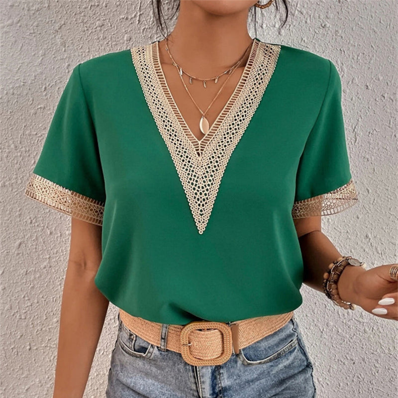 Lace Trim V Neck Top for Women with Short Sleeves and Crochet Cuffs in Green, front view