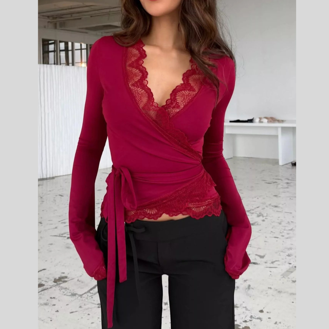 Lace Trim Wrap Top for Women with Long Flared Sleeves and Side Tie in Red, front view