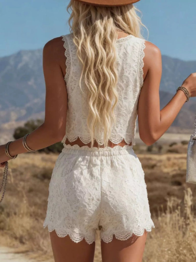 Lace Two Piece Set for Women with Crop Cami and Drawstring Shorts in White, back view